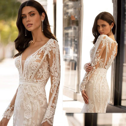 Modern Lace Mermaid Wedding Dress Long Sleeve V-Neck Sexy Illusion Back Bridal Gown Sexy Deep V Neck Vestidos De Novia Modernos