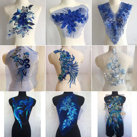 Adornos de encaje de tela francesa azul, parches de lentejuelas, diseños, apliques para vestidos de fiesta de graduación, vestidos de boda, disfraces, fiestas de bricolaje