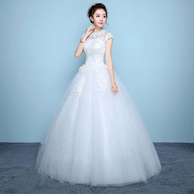 Robes de mariée Illusion O-Neck Court Broderie Paillettes Dentelle Tulle Dos Nu Luxe Blanc Longueur Au Sol Femmes Robe De Mariée FB685