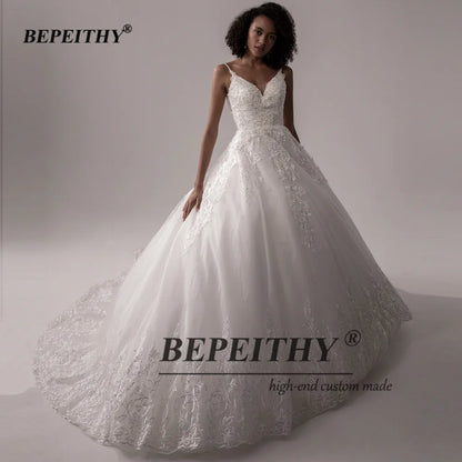 BEPEITHY Sexy Dos Nu Dentelle Corsage Robes De Mariée Pour Femmes Sans Manches Perles Mariée Ivoire Blanc Robe De Mariée 2023 Col En V