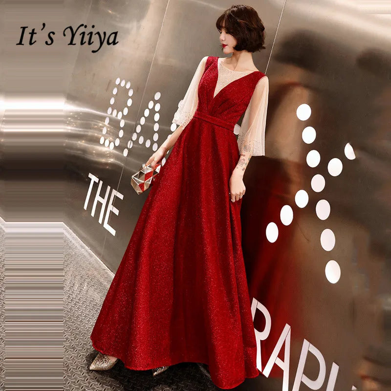 Sequins Simple Evening Dress Boat Neck Elegant Short Sleeves A-Line Zipper Back New Floor-Length Party Formal Dresses Woman B970