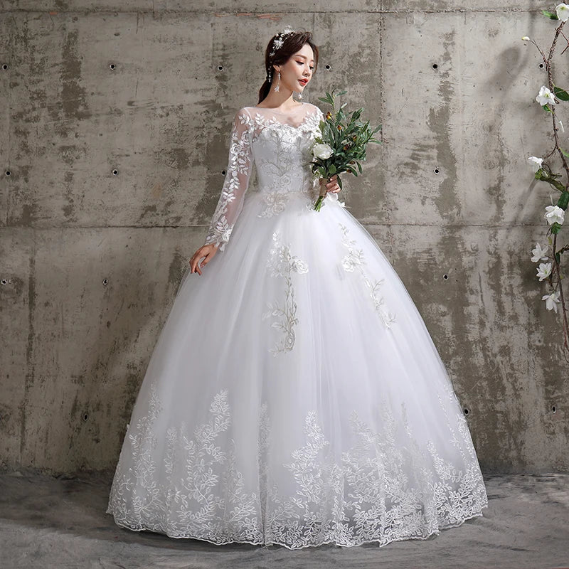 Flower Wedding Dress New Style Bride Plus Size Flower Wedding Dresses Dreamy Full-sleeve Bridal Lace Up Dresses Ball Gowns