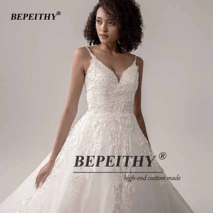 BEPEITHY Sexy Dos Nu Dentelle Corsage Robes De Mariée Pour Femmes Sans Manches Perles Mariée Ivoire Blanc Robe De Mariée 2023 Col En V