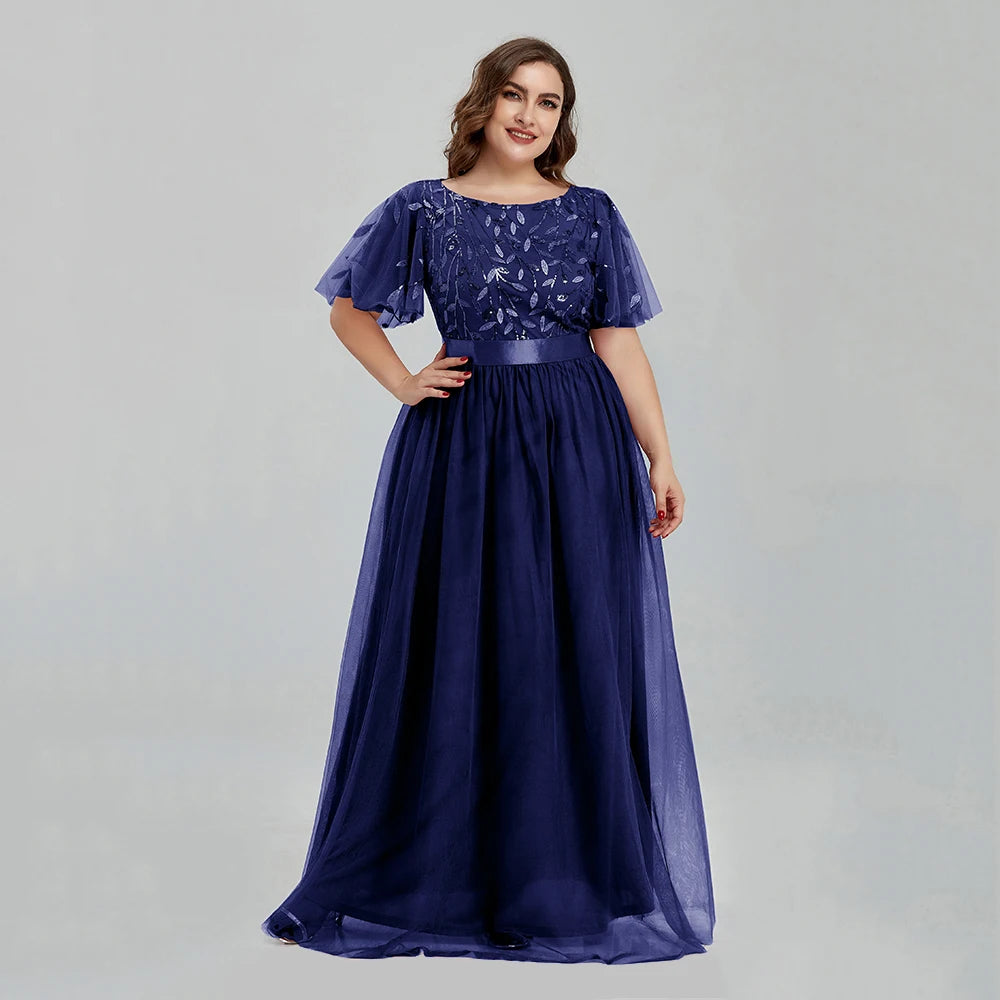 Women's Plus Size Mesh A-Line Sequin Embroidery Evening Dress Leaf  Maxi Prom Dress With Sleeves For Wedding Dress 2022