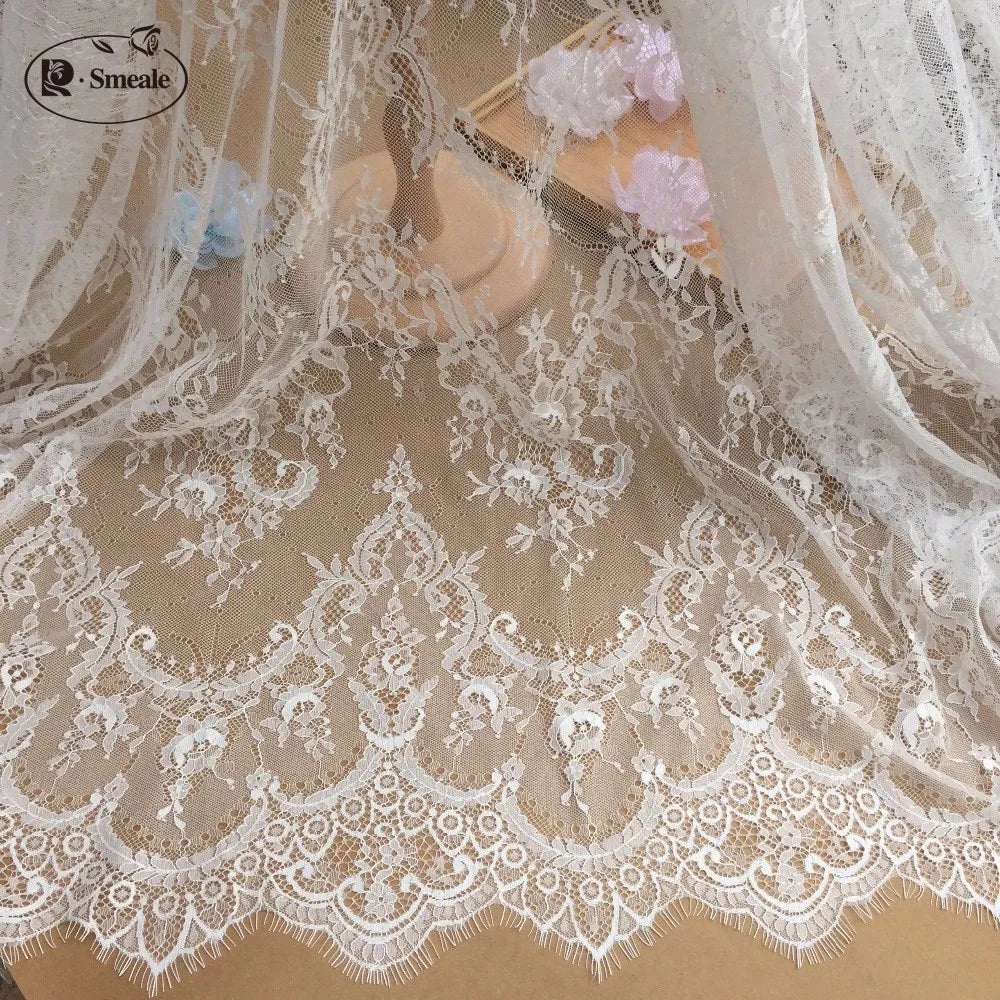 Tissu en dentelle à cils français 3M / Lot 150cm Blanc Noir Bricolage Exquis Dentelle Broderie Vêtements Robe De Mariée Accessoires RS702