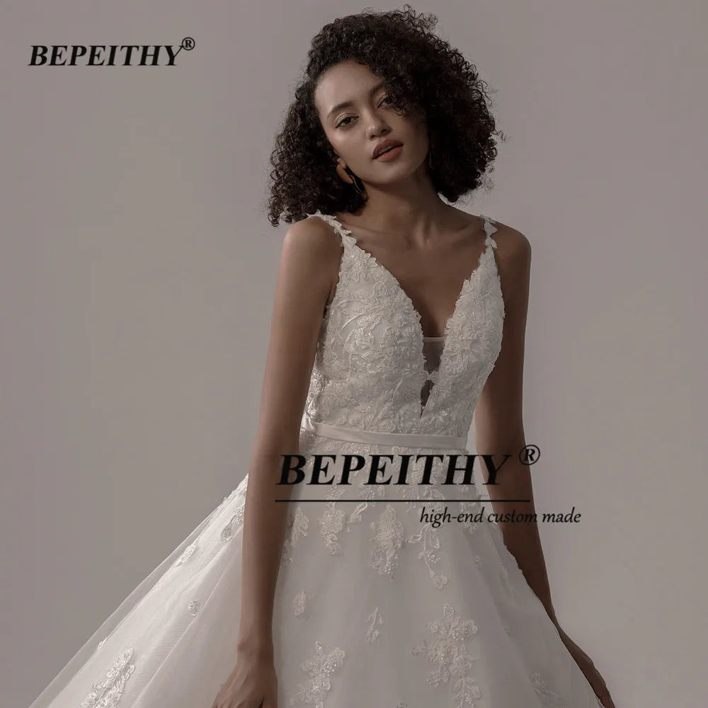 BEPEITHY V Neck Ball Gown Wedding Dress For Women Backless Organza Spaghetti Straps Lace Wedding Gown For Bride 2022 New Arrival