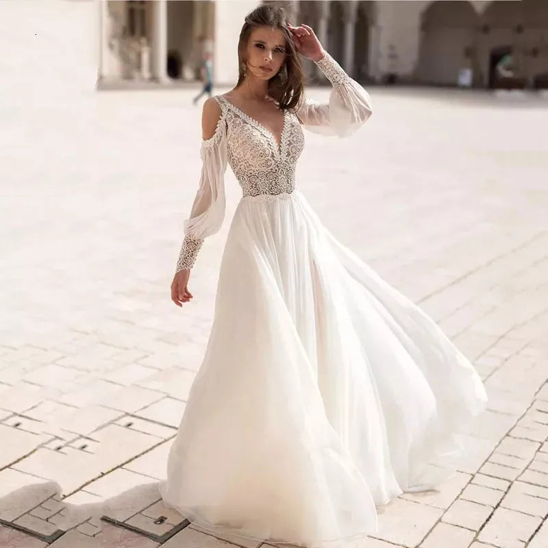 Beach Chiffon Wedding Dresses Detachable Puff Sleeves V Neck Lace Applique Backless Boho Elegant Bridal Gowns Vestidos De Novia