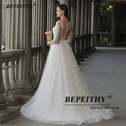 BEPEITHY O Neck Lace Skirt Wedding Dresses For Women Long Sleeves Open Back Sexy Boho A-line Bridal Gowns Vestidos De Novia