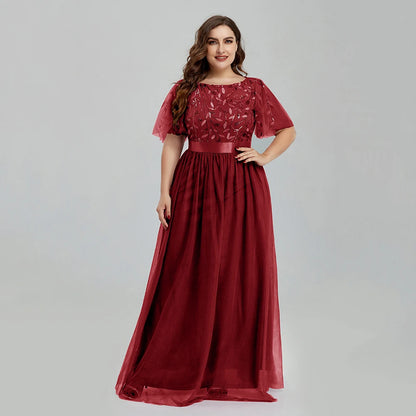 Women's Plus Size Mesh A-Line Sequin Embroidery Evening Dress Leaf  Maxi Prom Dress With Sleeves For Wedding Dress 2022