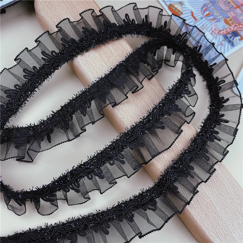 Hot Sale Black Shiny Pleated Lace For Crafts Ribbon DIY Wedding Dress Bag Hat Headwear Skirt Clothes Sewing Material Accessories