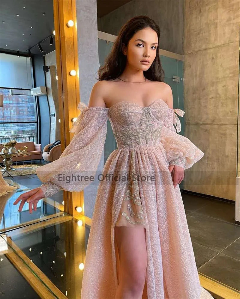 Eightree Pink Wedding Dresses 2021 Puff Long Sleeve Bride Dress Split Side A Line Sexy Beach Wedding Gowns Robe de Mariee