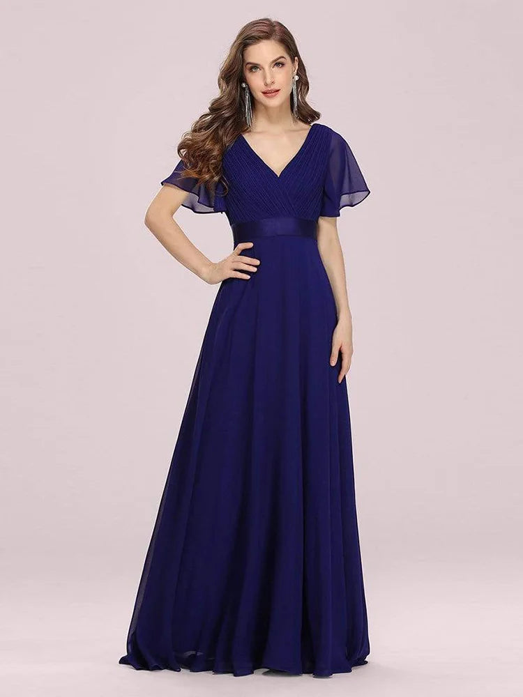 Vestidos de dama de honor de color rosa para mujer, largos, elegantes, de corte A, con escote en V doble, con volantes, de gasa, vestido formal para fiesta de boda, nuevo vestido largo de graduación