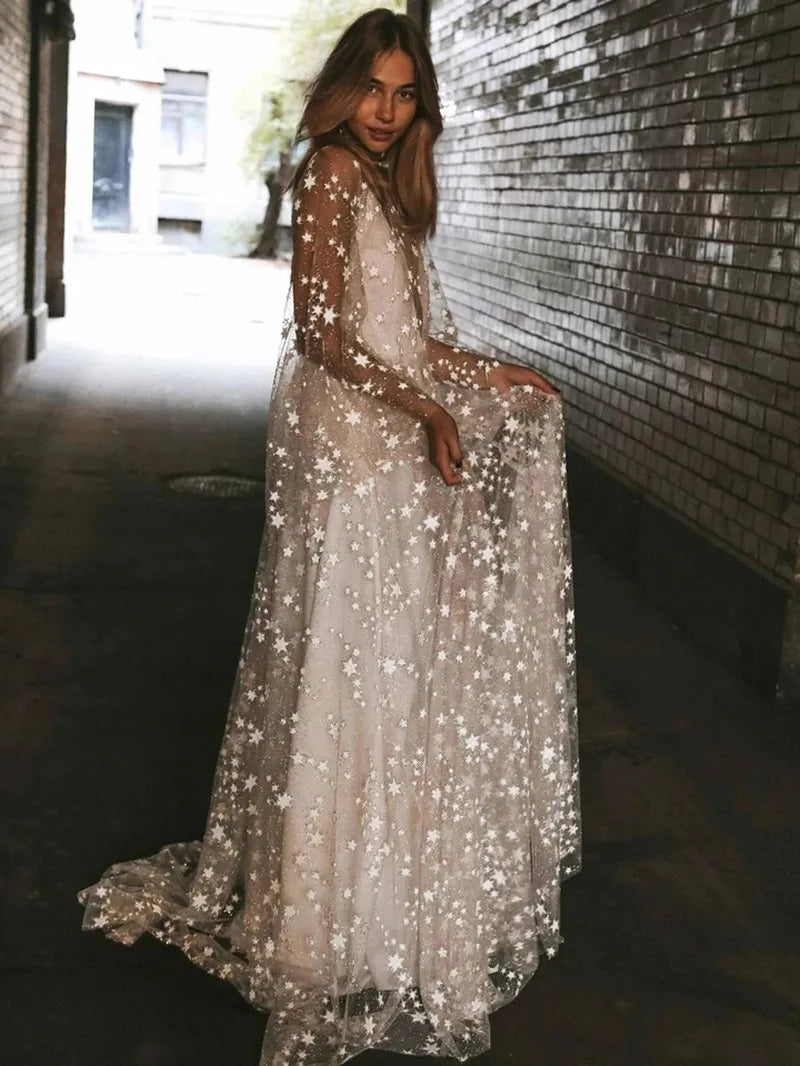 Sparkling Glitter Stars Wedding Dress Beach Boho Lace Beads Long Sleeves Romantic Bohemian Bridal Gowns Fairy Robe De Mariee