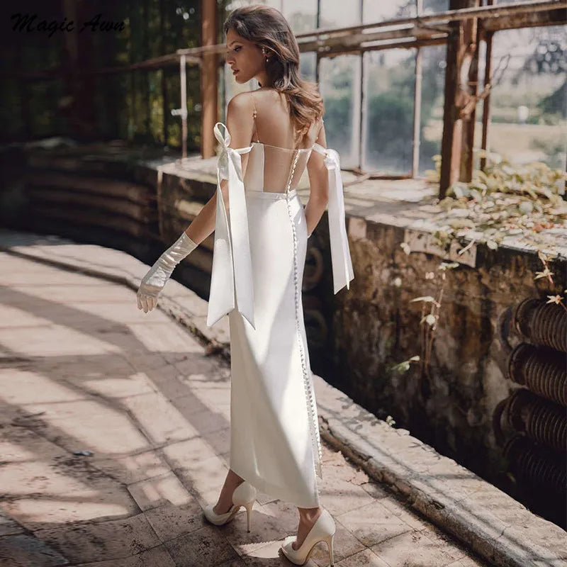 Simple Short Wedding Dresses Ankle Length Off The Shoulder Illusion Pearls White Ivory Beach Sheath Bridal Gowns Robe De Mariee