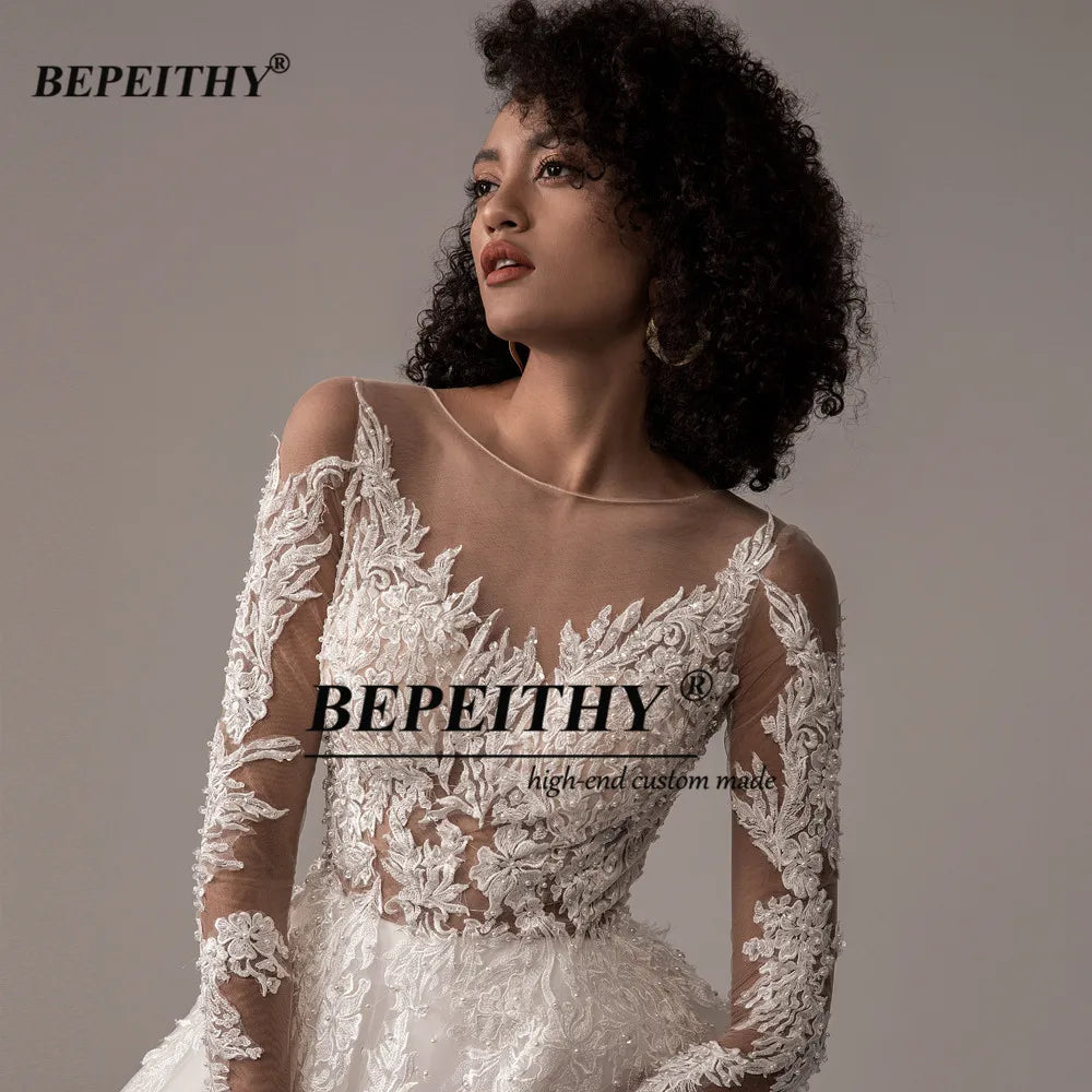 BEPEITHY Vintage Lace Wedding Dresses For Women 2023 Full Sleeves Princess Bridal Gowns Elegant Court Train Scoop Bride Dress