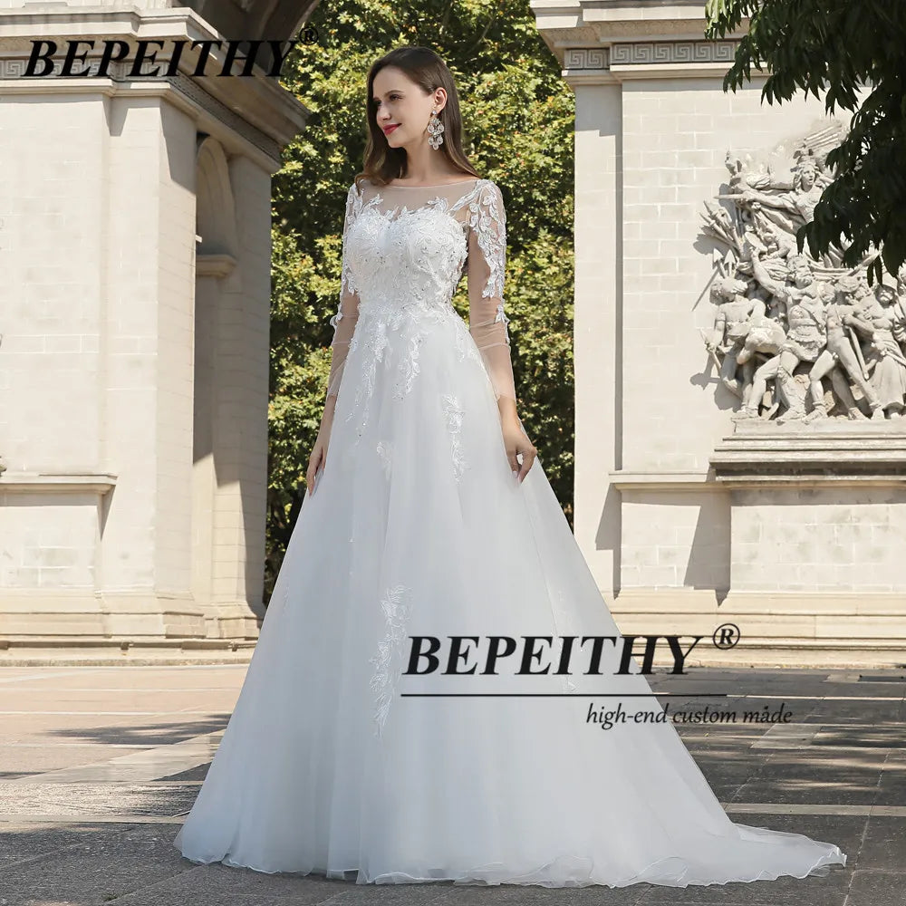 BEPEITHY Vestidos de novia de encaje marfil de línea A para novia Robe De Soiree Beach Vestidos de novia blancos de manga larga Vestidos de novia bohemios