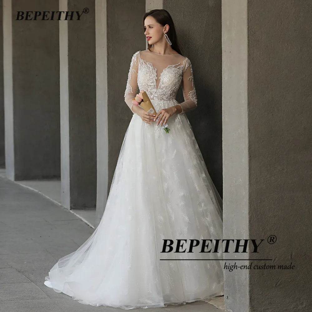 BEPEITHY O Neck Lace Skirt Wedding Dresses For Women Long Sleeves Open Back Sexy Boho A-line Bridal Gowns Vestidos De Novia