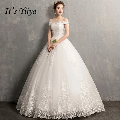 It's YiiYa New Long Flare Sleeve Wedding Dresses Simple O-neck Back Lace Up Wedding Gown HS283