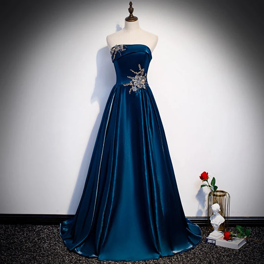 Sequins Evening Dress Strapless Vintage A-line Floor-length Satin Empire Sleeveless Plus size Party Formal Dresses Woman R1409