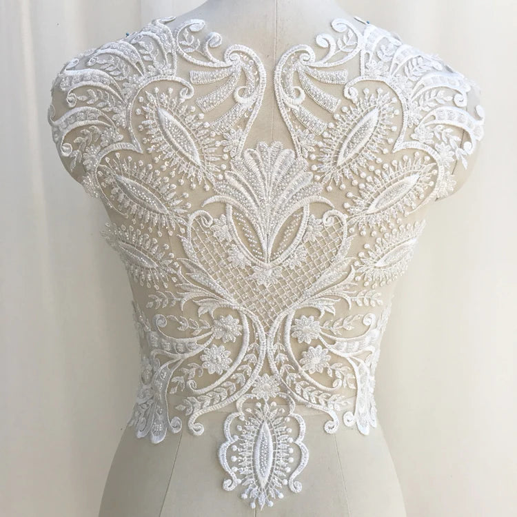 Apliques de encaje francés blanco puro en 3D para vestido de novia, tocado de novia, cuello de encaje blanco marfil, parche de tela de encaje RS1234