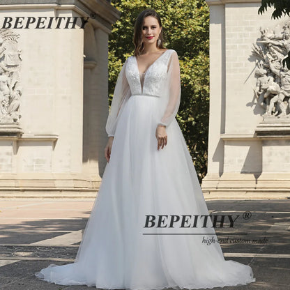 BEPEITHY Sexy V Neck Boho Wedding Dress 2023 Long Sleeves A Line White Wedding Party Dresses Свадебное платье Ivory Bridal Gowns