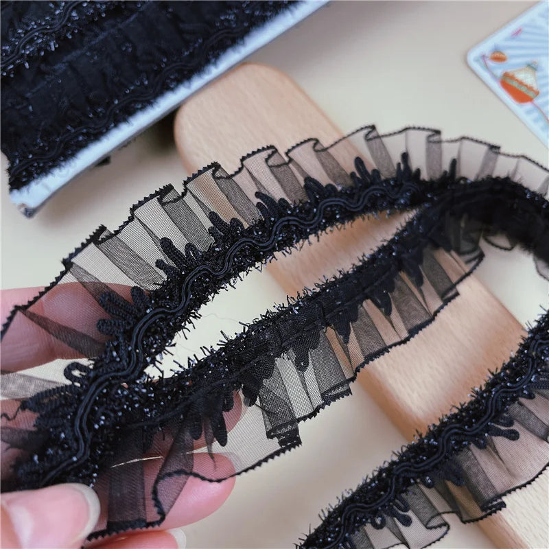 Vente chaude noir brillant plissé dentelle pour artisanat ruban bricolage robe de mariée sac chapeau couvre-chef jupe vêtements matériel de couture accessoires