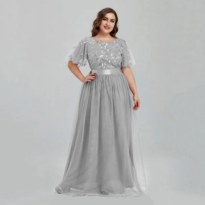 Women's Plus Size Mesh A-Line Sequin Embroidery Evening Dress Leaf  Maxi Prom Dress With Sleeves For Wedding Dress 2022