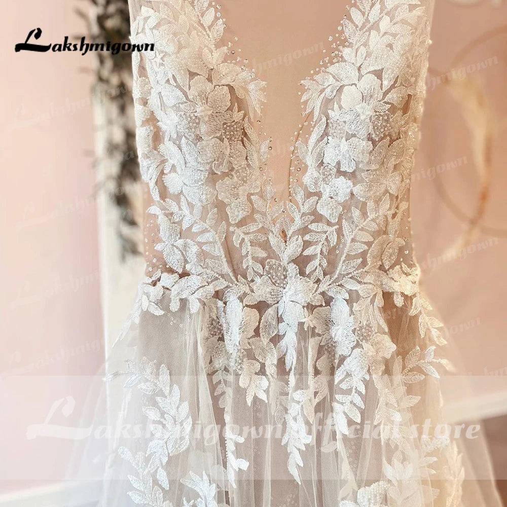 Sexy A-Line Backless Wedding Dress 2024 Vintage Lace Applique Beaded Off White Tulle Wedding Gowns Trouwjurk Long Bridal Dress