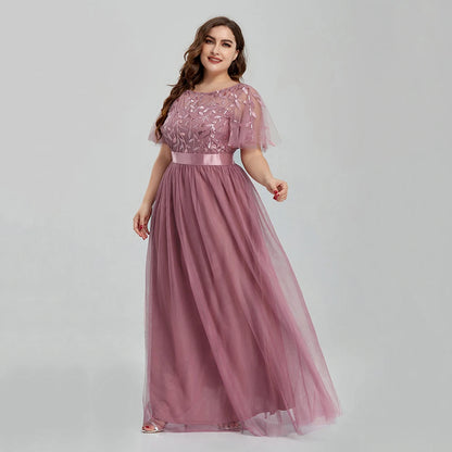 Robe de soirée grande taille en maille A-Line à paillettes brodées, robe de bal longue à feuilles avec manches pour robe de mariée 2022