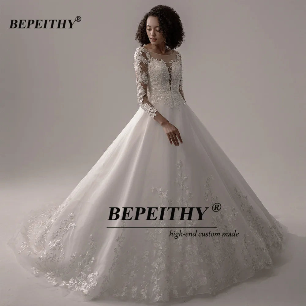 Robe de mariée en dentelle BEPEITHY 2022 Robe de bal Robe de mariée Scoop Glittler Princesse Ivoire Manches longues Robes de mariée pour la mariée Nouveau