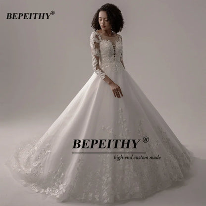 BEPEITHY Lace Wedding Dress 2022 Ball Gown Bridal Scoop Glittler Princess Ivory Long Sleeves Wedding Dresses For Bride New