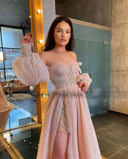 Eightree Pink Wedding Dresses 2021 Puff Long Sleeve Bride Dress Split Side A Line Sexy Beach Wedding Gowns Robe de Mariee