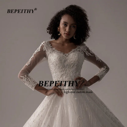 BEPEITHY Vintage Lace Wedding Dresses For Women 2023 Full Sleeves Princess Bridal Gowns Elegant Court Train Scoop Bride Dress