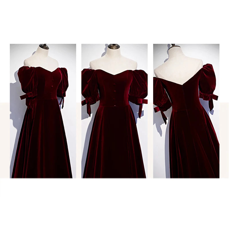 Robe de soirée en velours rouge vin grande taille épaules dénudées manches courtes fermeture éclair ligne A longueur au sol robe de soirée formelle pour femmes R1250