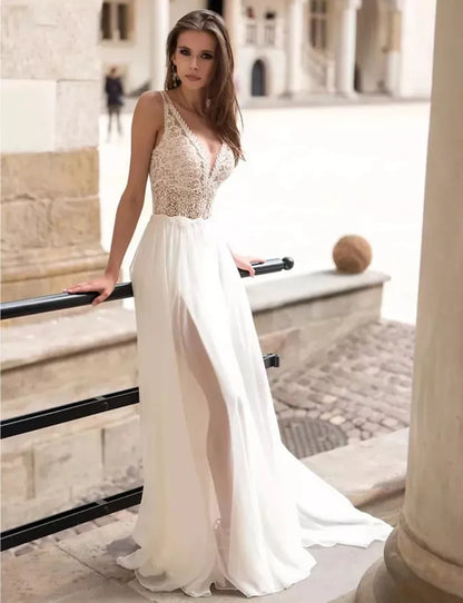 Beach Chiffon Wedding Dresses Detachable Puff Sleeves V Neck Lace Applique Backless Boho Elegant Bridal Gowns Vestidos De Novia