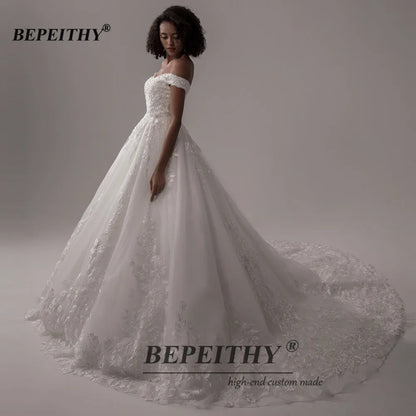 BEPEITHY Luxury Lace Wedding Dresses 2022 Off The Shoulder Princess Bridal Dress Court Train Sleeveless Ball Gown Wedding Dress