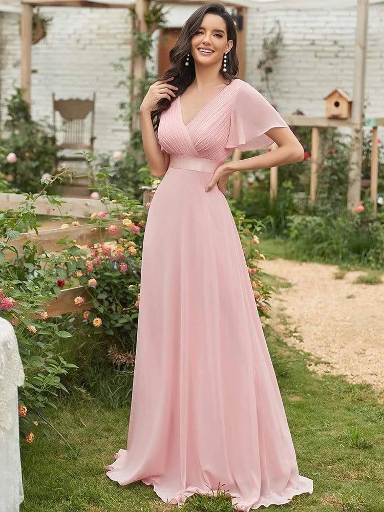 Vestidos de dama de honor de color rosa para mujer, largos, elegantes, de corte A, con escote en V doble, con volantes, de gasa, vestido formal para fiesta de boda, nuevo vestido largo de graduación