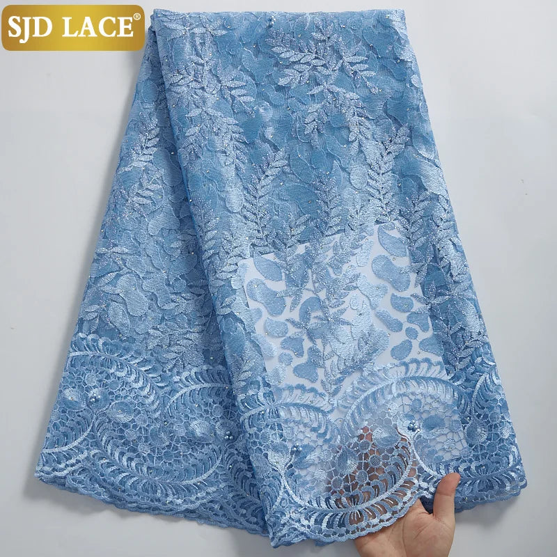 SJD LACE African Lace Fabric With Stones Nigerian French Mesh Lace Fabric 2021New Coming Style For Wedding Party Dress Sew A2322