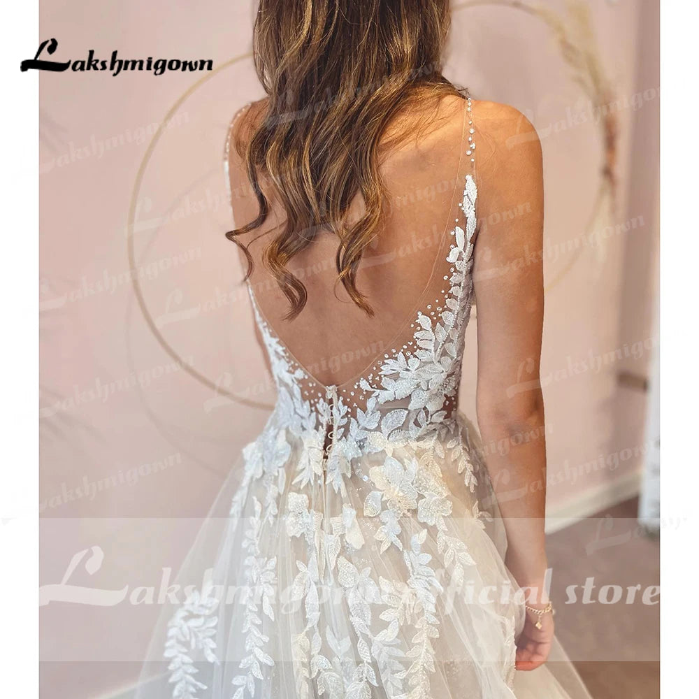 Vestido de novia sexy de corte A con espalda descubierta 2024, vestido de novia de tul blanco roto con apliques de encaje vintage y cuentas, vestido de novia largo Trouwjurk