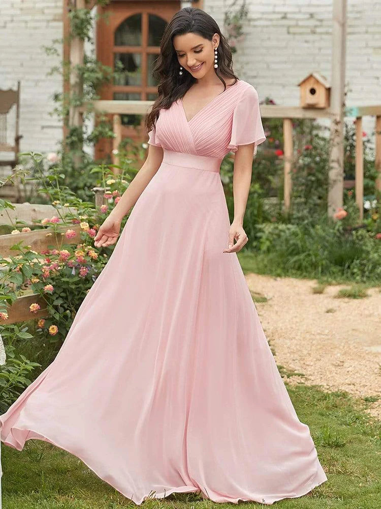 Vestidos de dama de honor de color rosa para mujer, largos, elegantes, de corte A, con escote en V doble, con volantes, de gasa, vestido formal para fiesta de boda, nuevo vestido largo de graduación