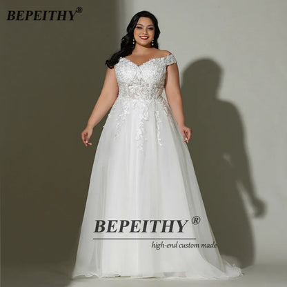 BEPEITHY Off The Shoulder Ivory Plus Size Wedding Dress Sweep Train Sweetheart Lace Bridal Gown 2022 For Curve Women New Arrival