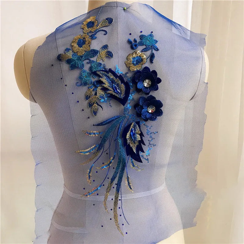 Adornos de encaje de tela francesa azul, parches de lentejuelas, diseños, apliques para vestidos de fiesta de graduación, vestidos de boda, disfraces, fiestas de bricolaje