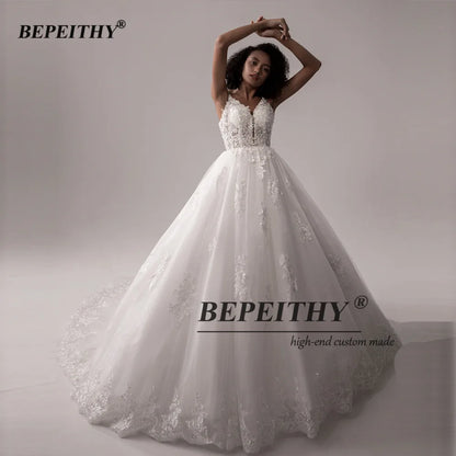 BEPEITHY Princesse Dentelle Robes De Mariée 2022 Pour Femmes Mariée Robes De Novia Col En V Robe De Mariée De Bal Sans Manches Robe De Mariée