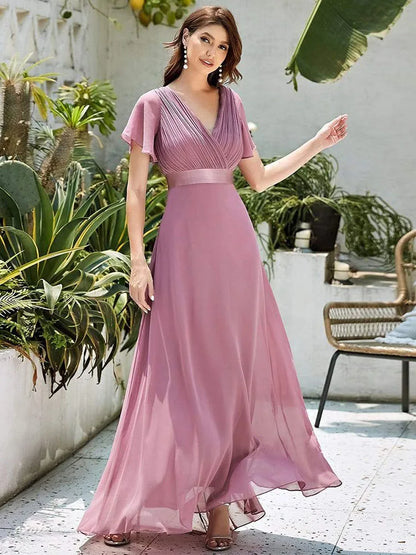 Vestidos de dama de honor de color rosa para mujer, largos, elegantes, de corte A, con escote en V doble, con volantes, de gasa, vestido formal para fiesta de boda, nuevo vestido largo de graduación