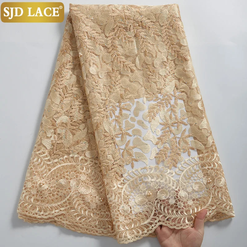 SJD LACE African Lace Fabric With Stones Nigerian French Mesh Lace Fabric 2021New Coming Style For Wedding Party Dress Sew A2322