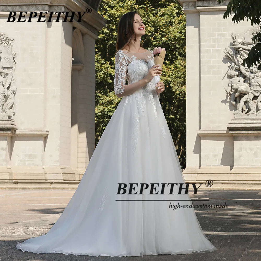 BEPEITHY Vestidos de novia de encaje marfil de línea A para novia Robe De Soiree Beach Vestidos de novia blancos de manga larga Vestidos de novia bohemios