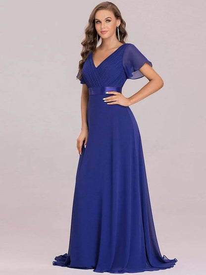 Vestidos de dama de honor de color rosa para mujer, largos, elegantes, de corte A, con escote en V doble, con volantes, de gasa, vestido formal para fiesta de boda, nuevo vestido largo de graduación