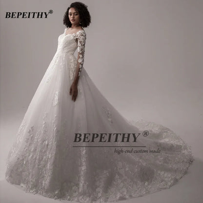 BEPEITHY Vintage Lace Wedding Dresses For Women 2023 Full Sleeves Princess Bridal Gowns Elegant Court Train Scoop Bride Dress