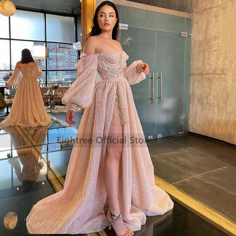 Eightree Pink Wedding Dresses 2021 Puff Long Sleeve Bride Dress Split Side A Line Sexy Beach Wedding Gowns Robe de Mariee