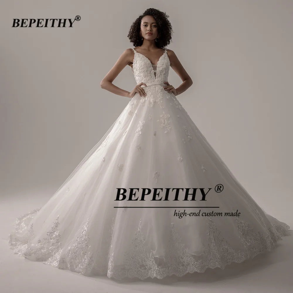 BEPEITHY V Neck Ball Gown Wedding Dress For Women Backless Organza Spaghetti Straps Lace Wedding Gown For Bride 2022 New Arrival